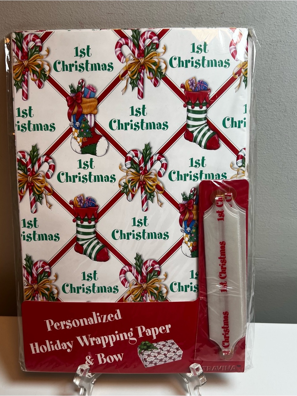 Personalized 1st Christmas Wrapping Paper & Bow - White, Green, Red